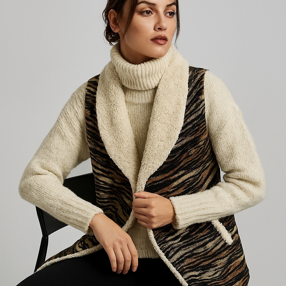 Bijorca Animal Print Knit Sherpa Open Vest Brown Tan Medium